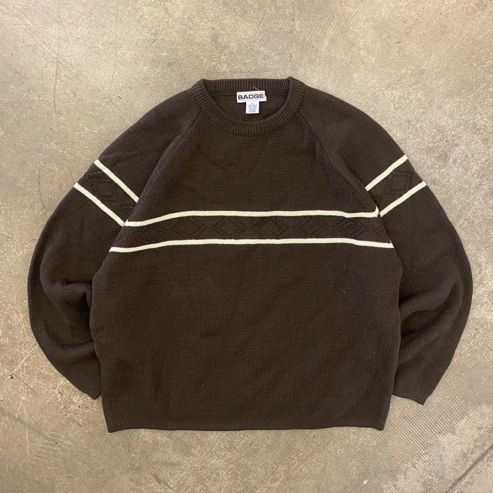 Vintage Badge 90s Brown Striped Essential Knit Sweater Earth Tones Size XL